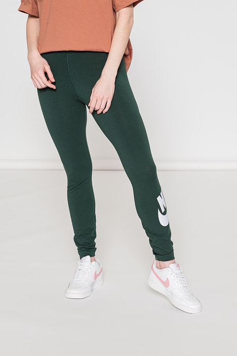 Nike, Фитнес клин Essential с висока талия и лого, Тъмнозелен