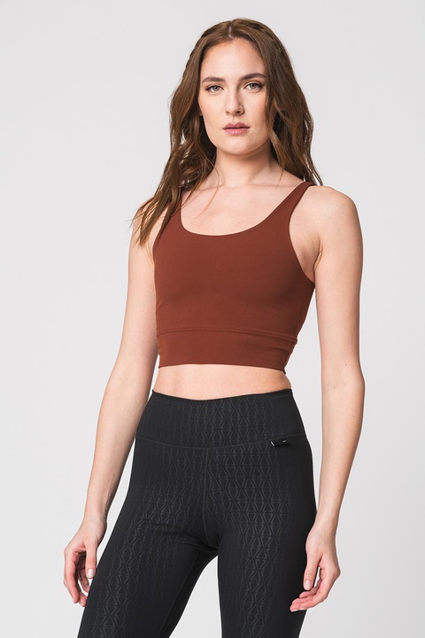 Nike, Top crop cu decolteu amplu, pentru yoga Luxe, Maro scortisoara