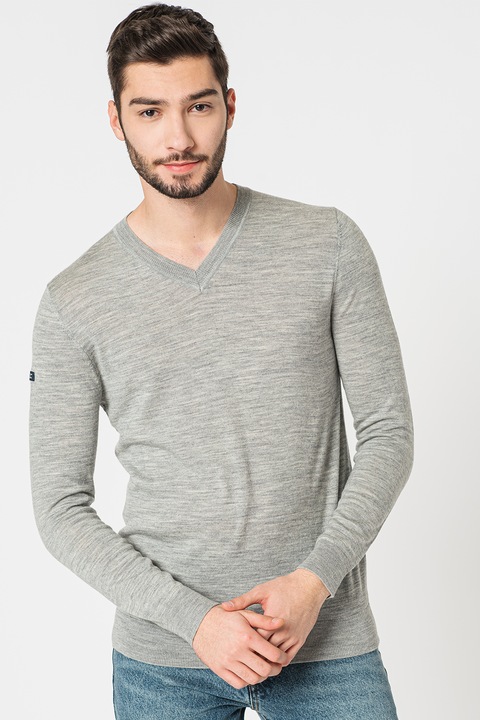 Superdry & Co, V-nyakú gyapjúpulóver, Szürke, XL