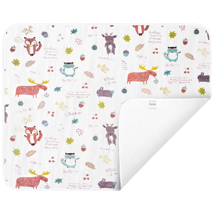 Aleza impermeabila mare pentru copii, FizioTab®, 80x100 cm, absorbanta si lavabila, refolosibila, tip paturica, pentru schimbat scutecul bebelusului, Veverite