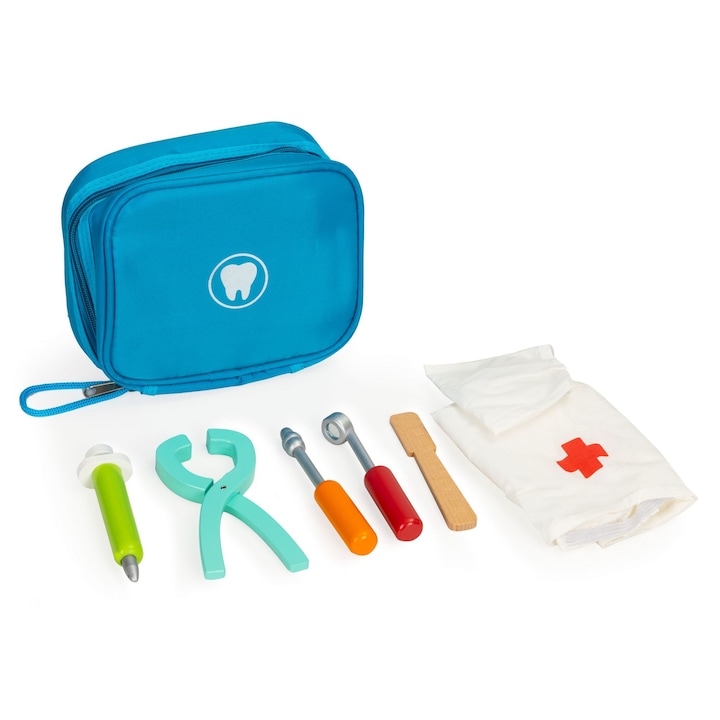 Trusa Dentist din Lemn si Jucarie de Rol 2 in 1 pentru Copii "Dentist Kit" cu 5 instrumente dentare diferite, o palarie si o masca, Albastru