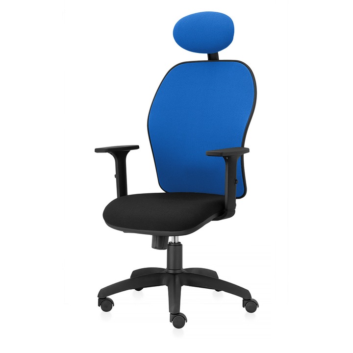 Scaun ergonomic de birou TRAFFIC CHAIRS AERO NET, sezut Negru, spatar si tetiera tip NET ALBASTRU, brate reglabile, mecanism multiblock, suport lombar reglabil
