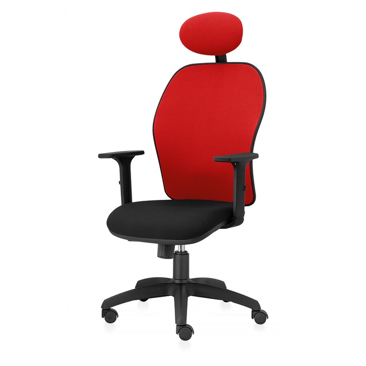 Scaun ergonomic de birou TRAFFIC CHAIRS AERO NET, sezut Negru, spatar si tetiera tip NET ROSU, brate reglabile, mecanism multiblock, suport lombar reglabil