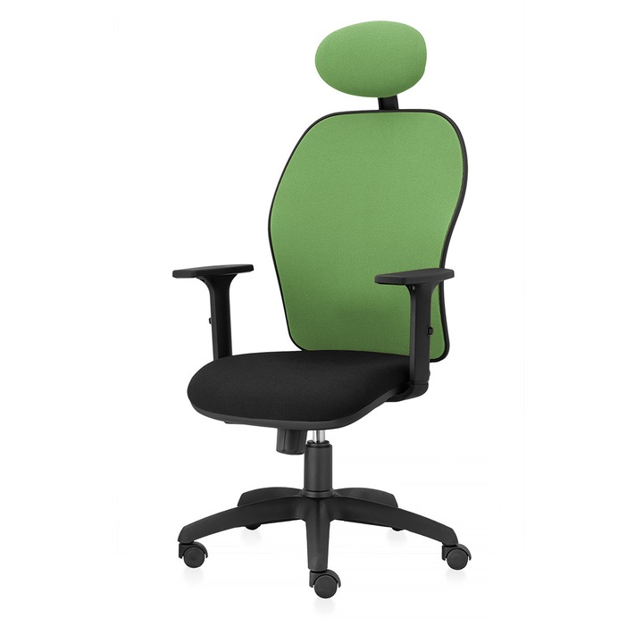 Scaun ergonomic de birou TRAFFIC CHAIRS AERO NET, sezut Negru, spatar si tetiera tip NET VERDE DESCHIS, brate reglabile, mecanism multiblock, suport lombar reglabil