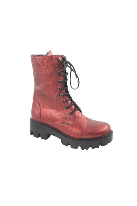 Bocanci dama piele naturala bizon cu catarama siret si fermoar pe lateral talpa masiva demi-wedge negru, Visiniu