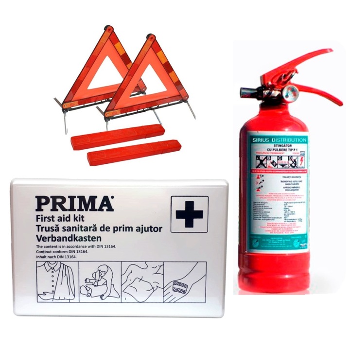 Одобрен пакет за първа помощ за автомобил - аптечка, пожарогасител P1, предупредителни триъгълници