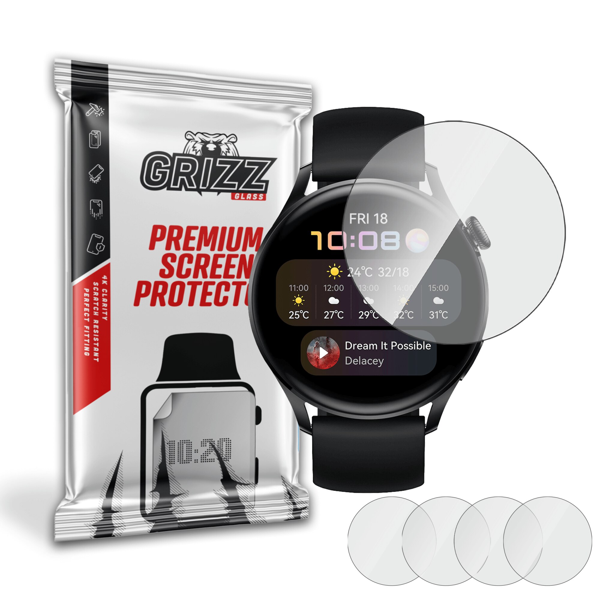 Set 4 folii protectie smartwatch, Grizz Glass, Hydrogel, Silicon