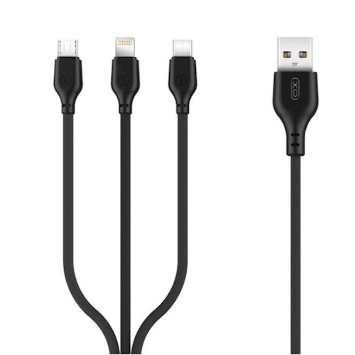 Кабел за зареждане и трансфер на данни XO NB 103 3 IN 1, USB TYPE-C/LIGHTNING/MICRO-USB, 2.1A, 1M, ЧЕРЕН