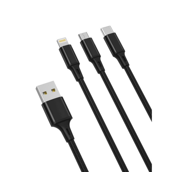 Кабел за зареждане и пренос на данни XO NB 173 3 IN 1, USB TYPE-C/LIGHTNING/MICRO-USB, 2.4A, 1.2M, Черен
