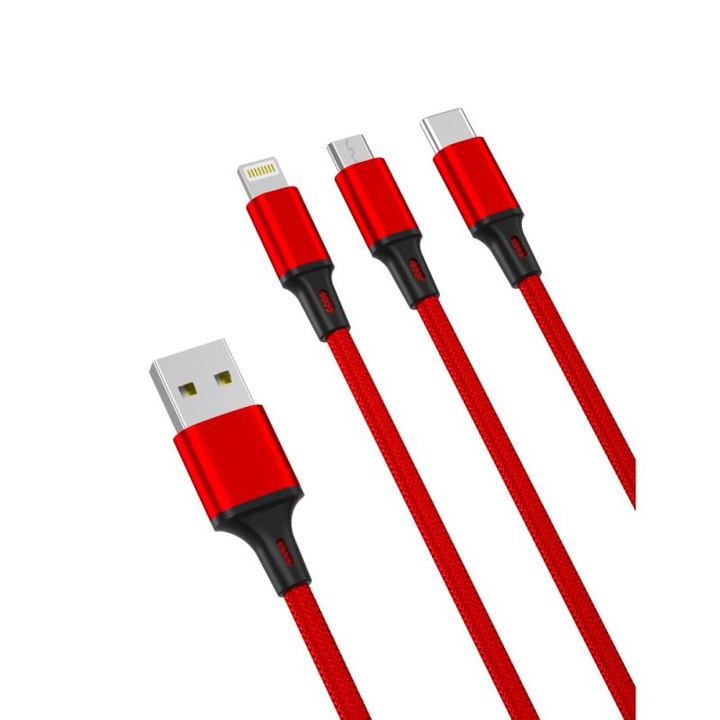 Кабел за зареждане и трансфер на данни XO NB 173 3 IN 1, USB TYPE-C/LIGHTNING/MICRO-USB, 2.4A, 1.2M, ЧЕРВЕН