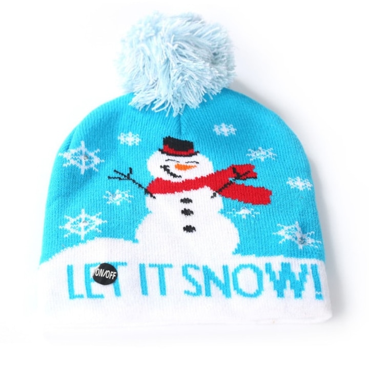 Ünnepi sapka LED fényekkel és téli/karácsonyi nyomtatással, Let It Snow, Unisex, Egy Méret, Fehér/Kék