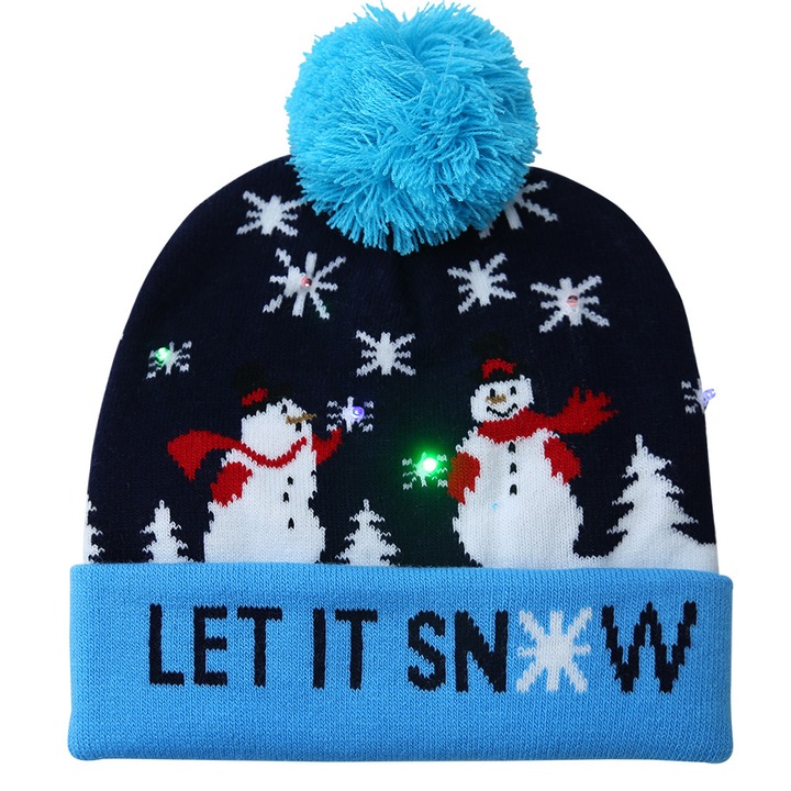 Ünnepi sapka LED fényekkel be/ki és téli/karácsonyi nyomtatással, Let It Snow, Unisex, Egy Méret, Kék