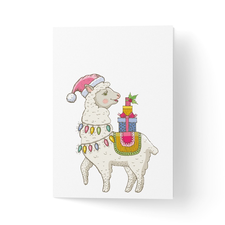 Karácsonyi üdvözlőlap borítékkal, prémium texturált papír - Lama Christmas