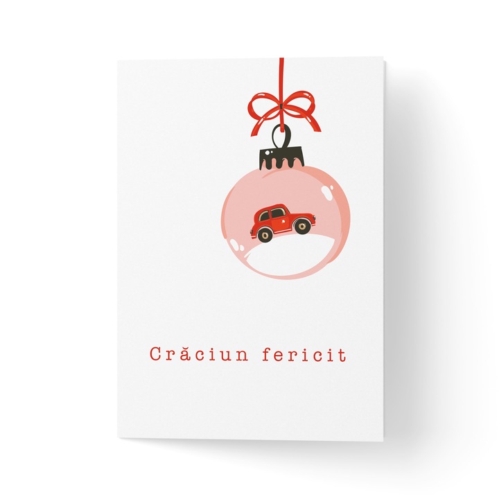 Felicitare de Craciun cu plic, hartie texturata premium - Glob cu masinuta