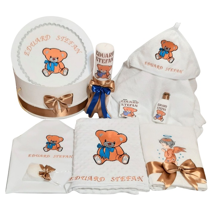 Trusou complet pentru botez Personalizat cu Lumanare si Cutie Trusou, Ursulet,10 piese