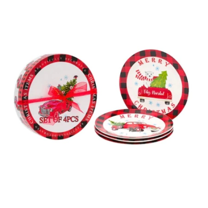 Set 4 farfurii din ceramica decorative, model masini de Craciun, ambalate in cutie de cadou, diametru 19 cm