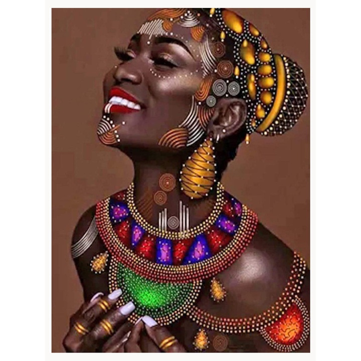 Set broderie cu diamante GIEAAO 5D, Model African Woman, 12 x 16 inci, Multicolor