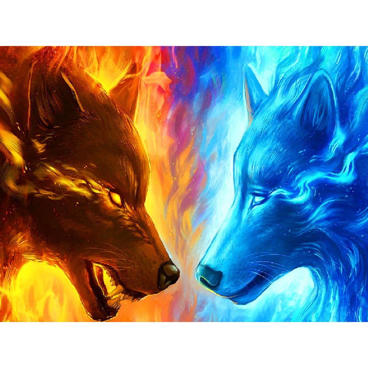 Set broderie cu diamante GIEAAO 5D, Model Ice and Fire Wolf, 12 x 16 inci, Multicolor