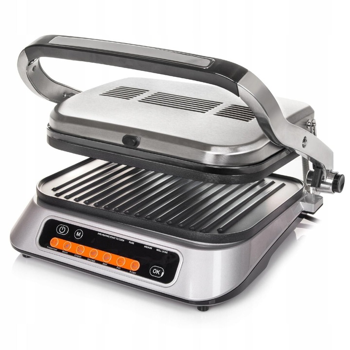 Gratar electric de masa TZS First Austria 2100W Kontaktgrill digital cu placi antiaderente detasabile, deschidere 180° & tavita colectoare