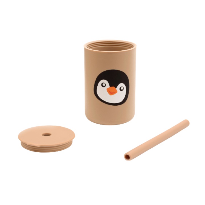 Magni Danish Toys Szilikon bögre, szívószállal és tetővel, pingvines, bézs színű