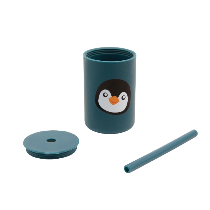 Magni Danish Toys szilikon bögre, szívószállal és tetővel, pingvin, türkiz
