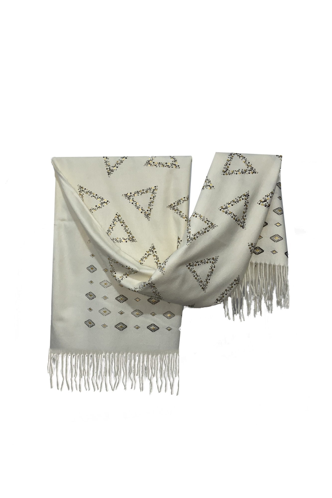 Esarfa dama din 100& casmir, cu imprimeu geometric, 180X70cm, alb