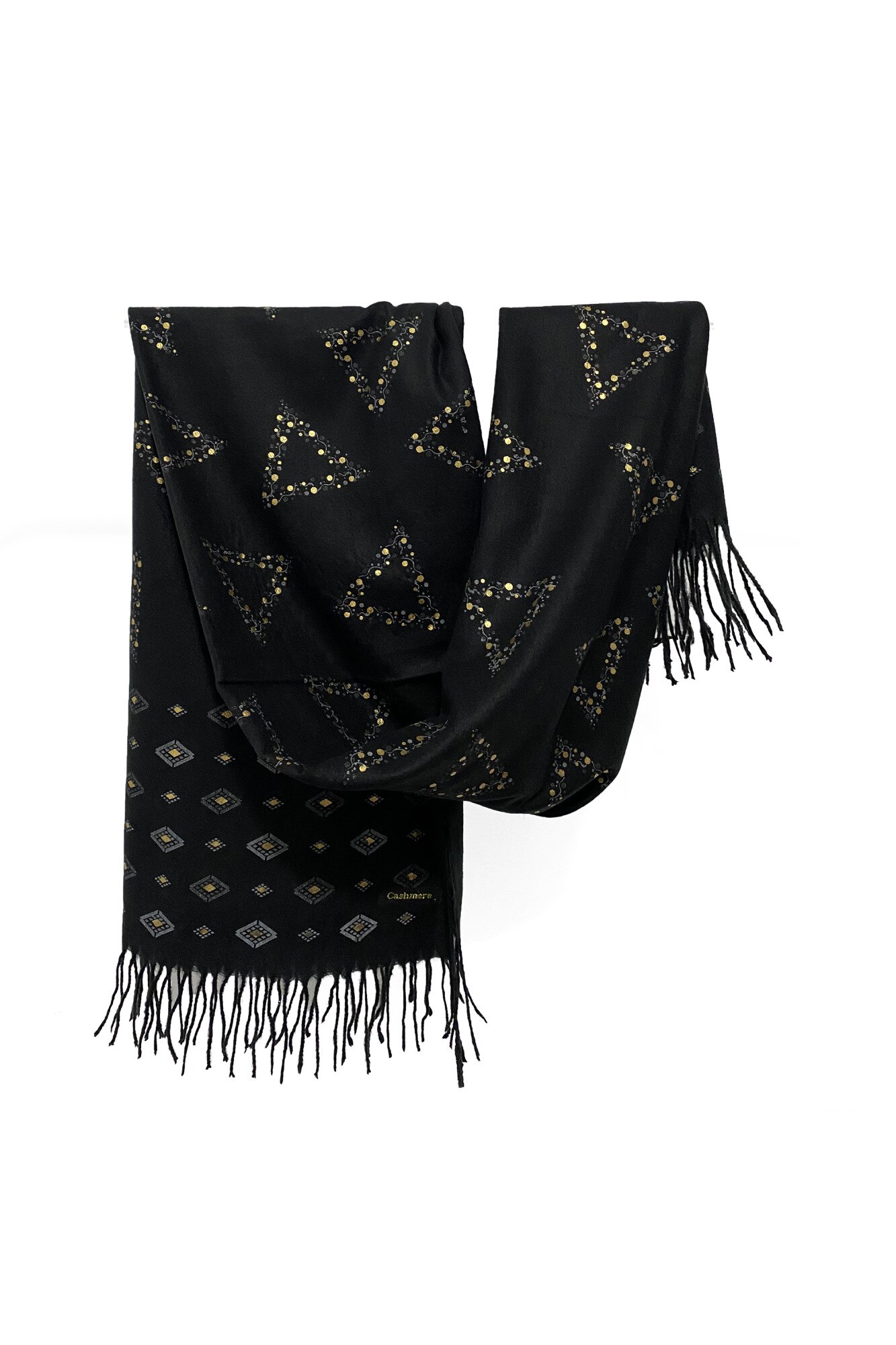 Esarfa dama din 100& casmir, cu imprimeu geometric, 180X70cm, negru