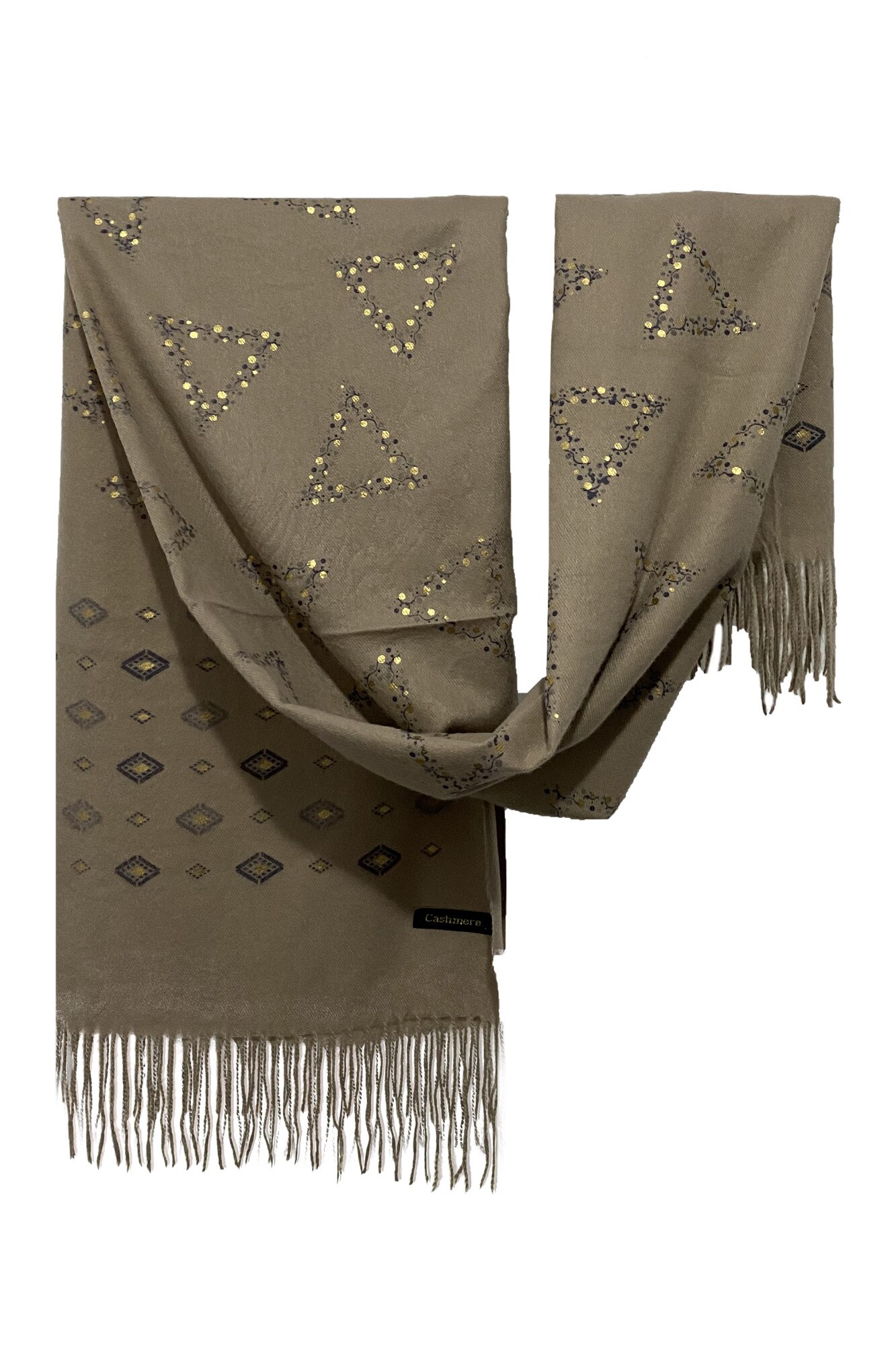 Esarfa dama din 100& casmir, cu imprimeu geometric, 180X70cm, kaki