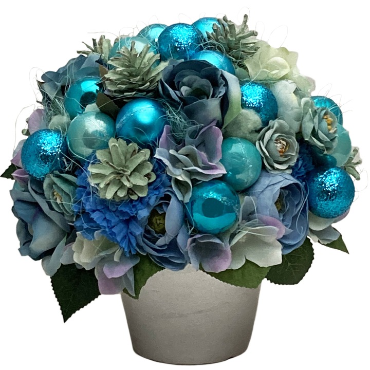 Aranjament cu flori artificiale BeatrixArt, Aqua, de Craciun, 26x26x26 cm