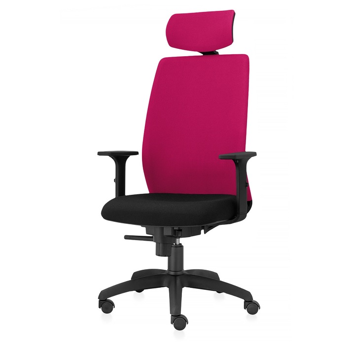 Scaun ergonomic de birou TRAFFIC CHAIRS CONCEPT NET, sezut Negru, spatar si tetiera tip NET ROZ, brate reglabile, mecanism multiblock, suport lombar reglabil