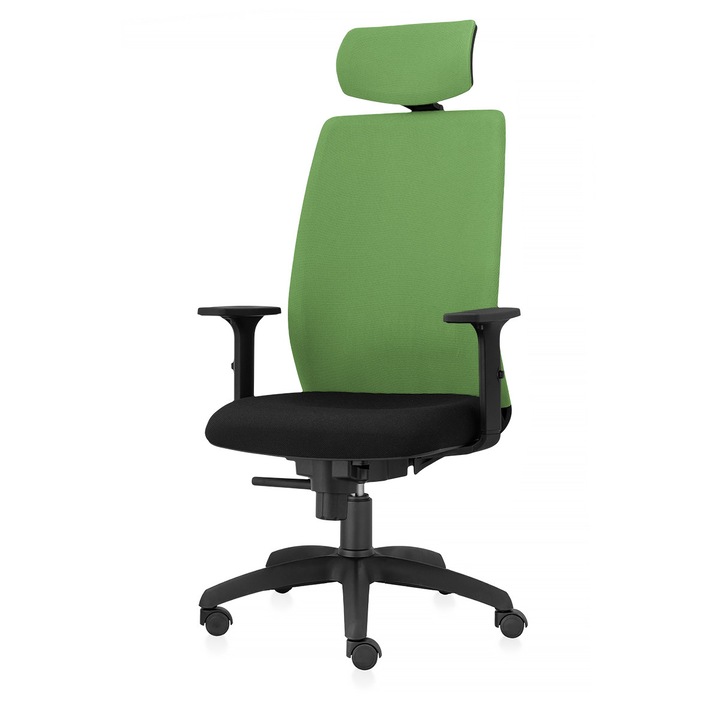 Scaun ergonomic de birou TRAFFIC CHAIRS CONCEPT NET, sezut Negru, spatar si tetiera tip NET VERDE DESCHIS, brate reglabile, mecanism multiblock, suport lombar reglabil