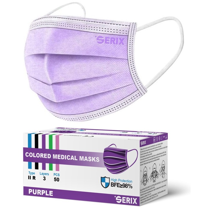 Set 50 buc Masti medicale SERIX tip IIR, 3 straturi, 3 pliuri, banda metalica, eficienta filtrare ≥98%, violet