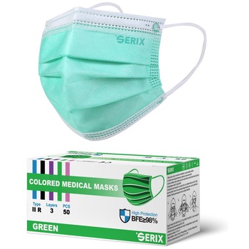 Set 50 buc Masti medicale SERIX tip IIR, 3 straturi, 3 pliuri, banda metalica, eficienta filtrare ≥98%, verde Set 50 buc Masti medicale SERIX tip IIR, 3 straturi, 3 pliuri, banda metalica, eficienta filtrare ≥98%, verde