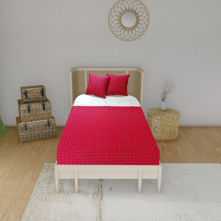 Спално бельо за един човек Casa Bucuriei, модел Lucy, бродерия, 3 части, червено/слонова кост, 100% памук