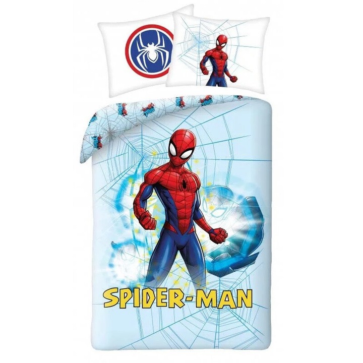 Set lenjerie de pat pentru copii Spiderman, 2 piese, 140x200 cm, 70x90 cm, Bumbac 100%, Multicolor