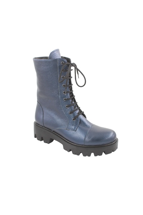 Bocanci dama piele naturala bizon cu catarama siret si fermoar pe lateral talpa masiva demi-wedge negru, Albastru inchis