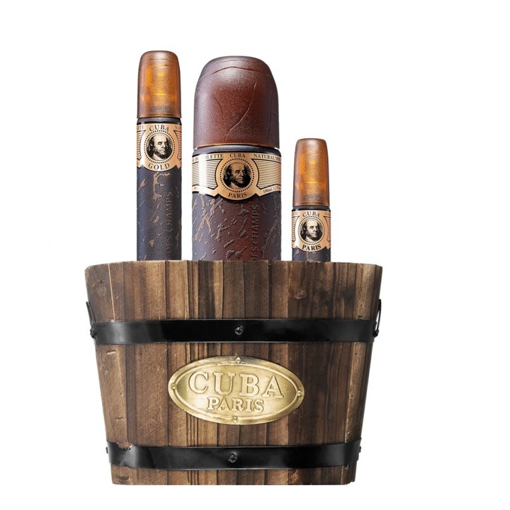 Set cadou Mini Collection Cuba Gold For Men Eau de toilette in butoi de lemn , 150 ml