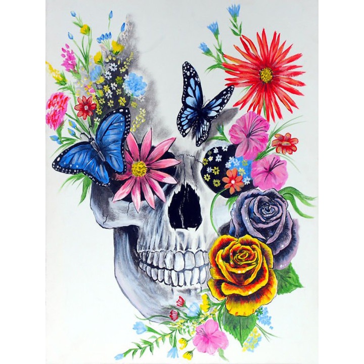 Set broderie cu diamante GIEAAO 5D, Model Flowers Skull, 12 x 16 inci, Multicolor