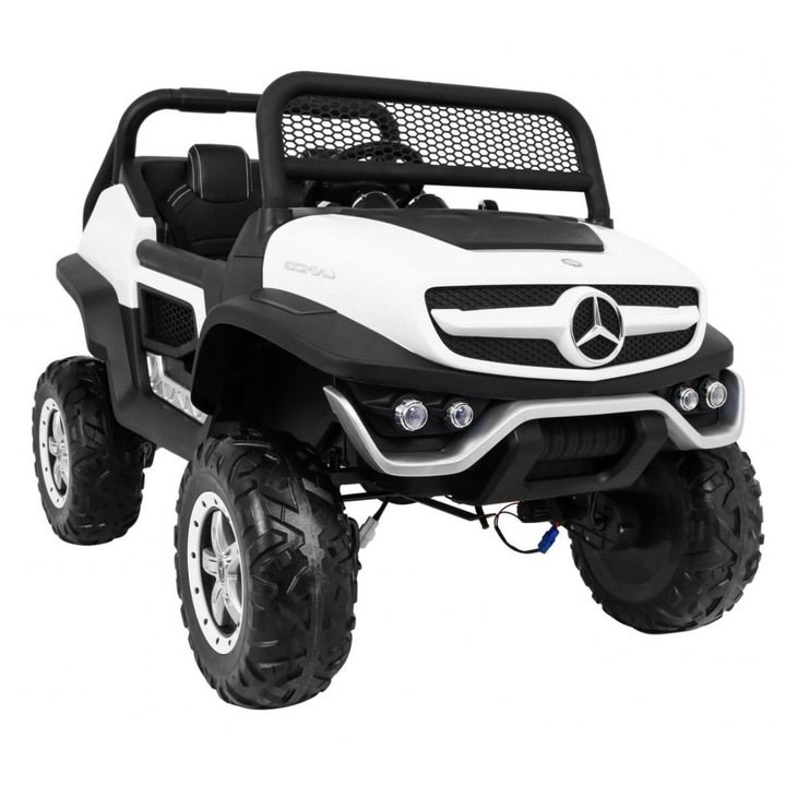 Masinuta Electrica cu acumulator pentru copii NOVOKIDS™ Mercedes Buggy UTV, Cu faruri LED, Telecomanda, 3-8 ani, max 35 kg, 12V, Mp3/USB si Bluetooth, Model Offroad, Alb cu Negru