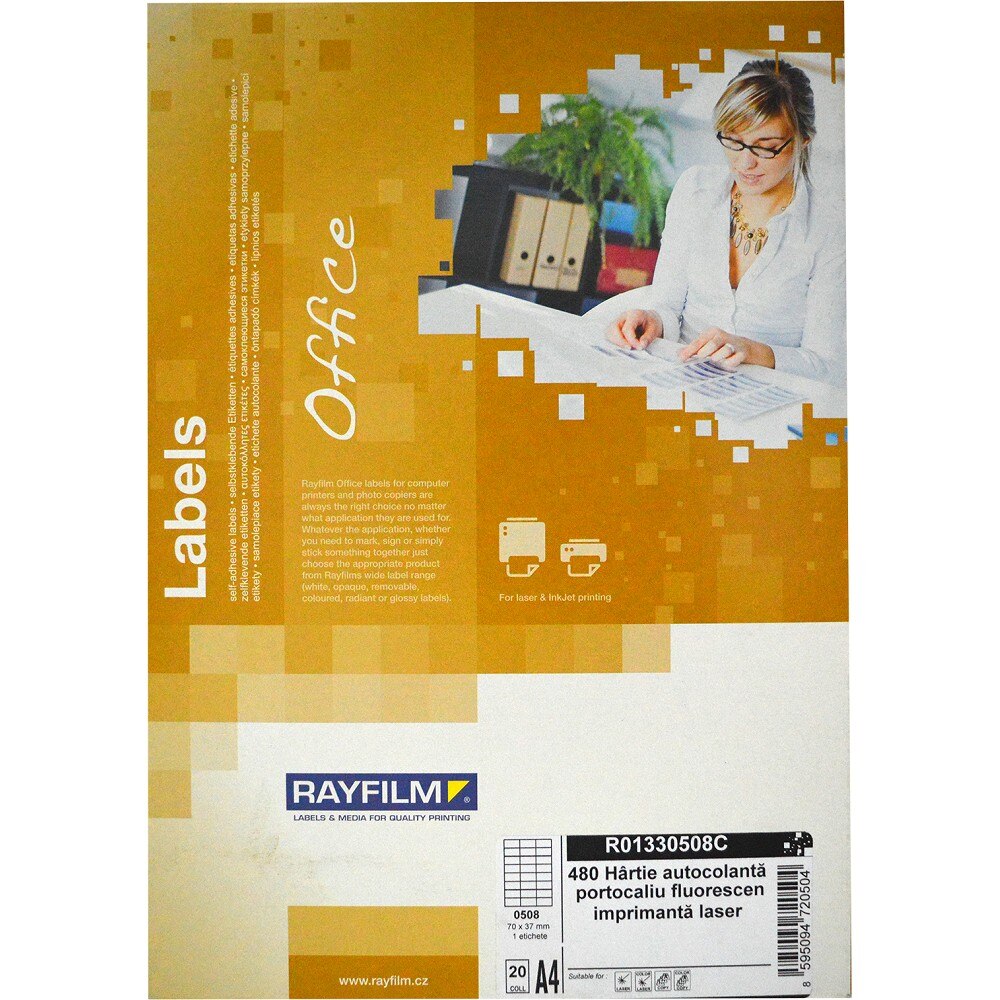 Etichete autoadezive orange fluorescent Rayfilm Office 24 buc/A4, dimensiuni 70x37mm, 20 coli/top