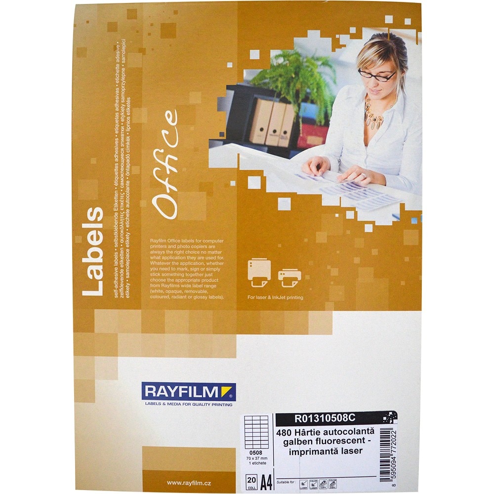 Etichete autoadezive galben fluorescent Rayfilm Office 24 buc/A4, dimensiuni 70x37mm