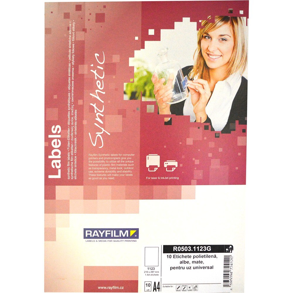 Etichete autoadezive din polietilena, alb mat Rayfilm Synthetic 10coli/set format A4