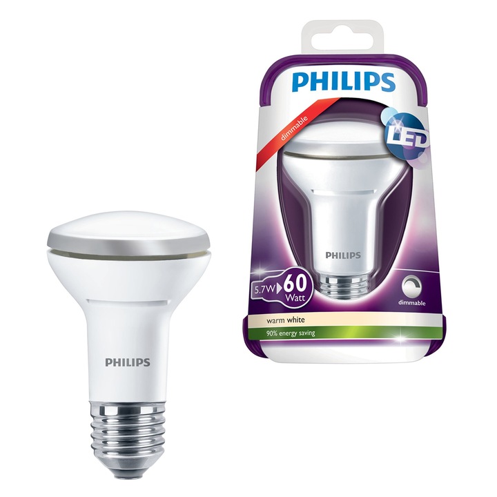 Крушка LED Philips, E27, 60W, 420 lm, A , Топла светлина, Регулируема