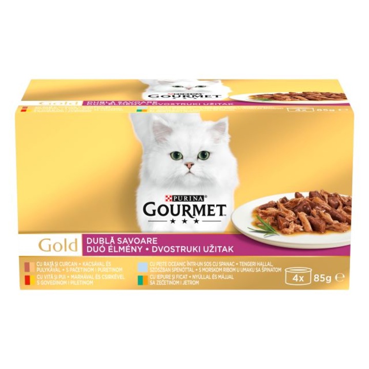 Храна за котки в зряла възраст PURINA® GOURMET® Gold, Двойно удоволствие, Асортимент, Мокра храна, Картонена кутия, 4х 85 g