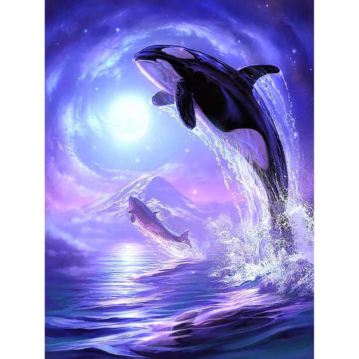 Set broderie cu diamante GIEAAO 5D, Model Ocean Killer Whale, 12 x 16 inci, Multicolor