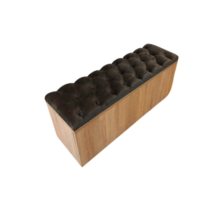 Pantofar tip bancuta tapitata , din PAL melaminat stejar bardolino/maro, capacitate 10 perechi, 100×32×48 cm