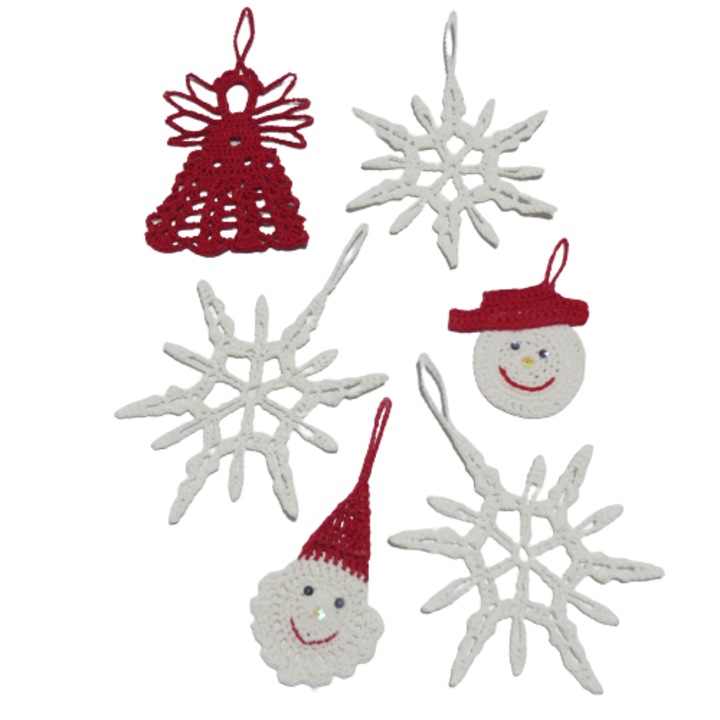 Set 6 globuri crosetate pentru bradul de Craciun, HANDMADE, bumbac mercerizat premium, alb si rosu