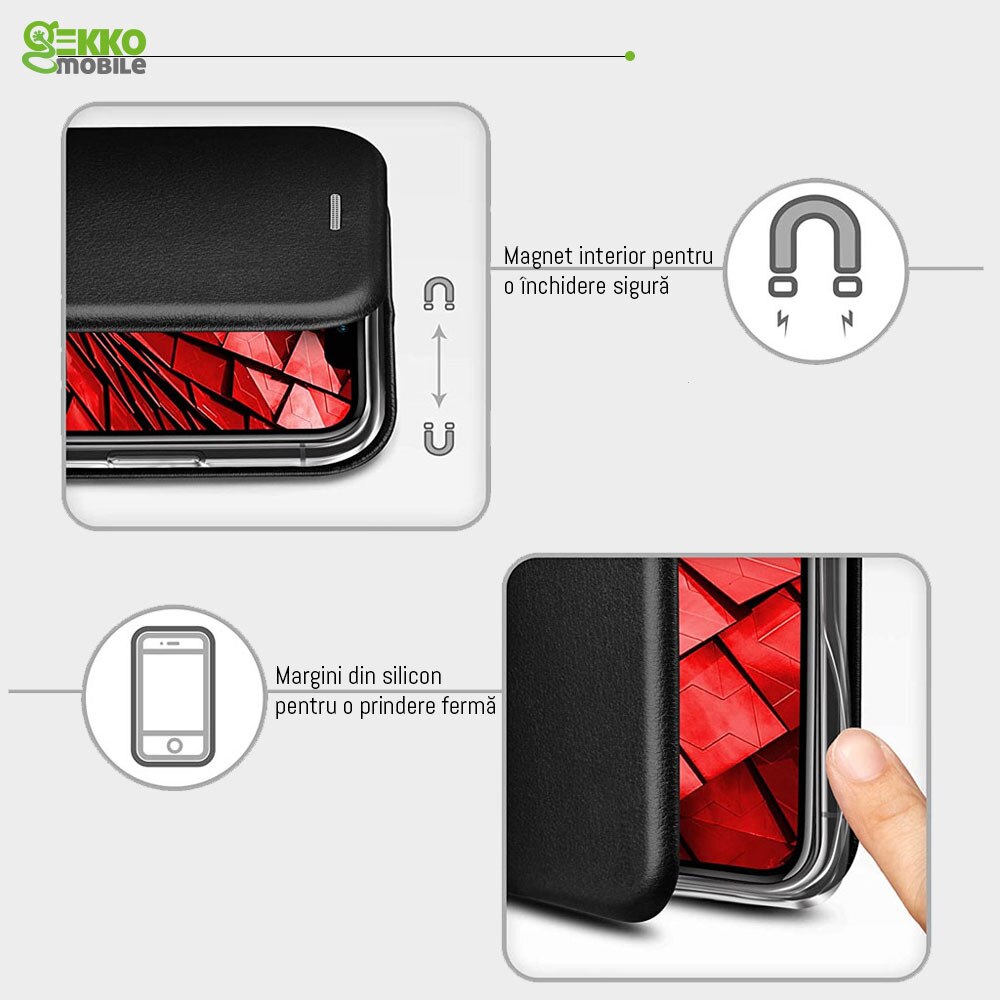 Husa pentru Motorola E7 Power - tip carte, inchidere magnetica, Gekko Elegance - Neagra