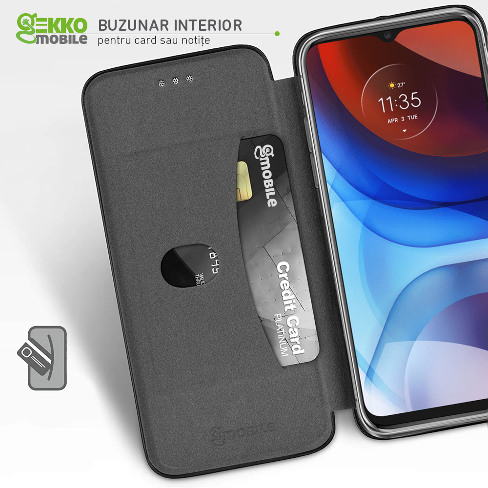Husa pentru Motorola E7 Power - tip carte, inchidere magnetica, Gekko Elegance - Neagra