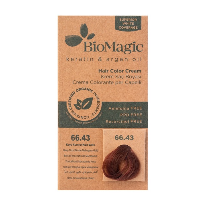 Vopsea de par fara amoniac BioMagic 66.43 Deep Dark Blonde Mahogany Gold
